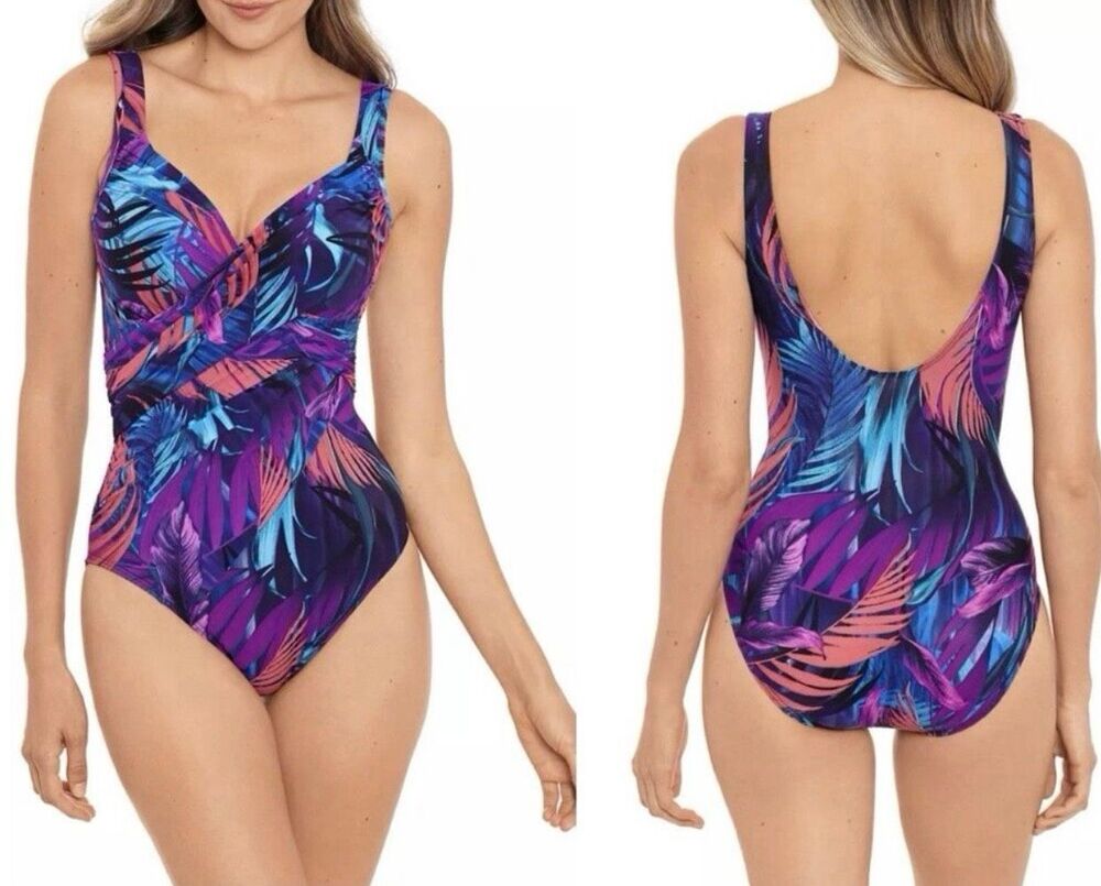 Miraclesuit Purple Blue Tropical Leaf One-Piece Swimsuit